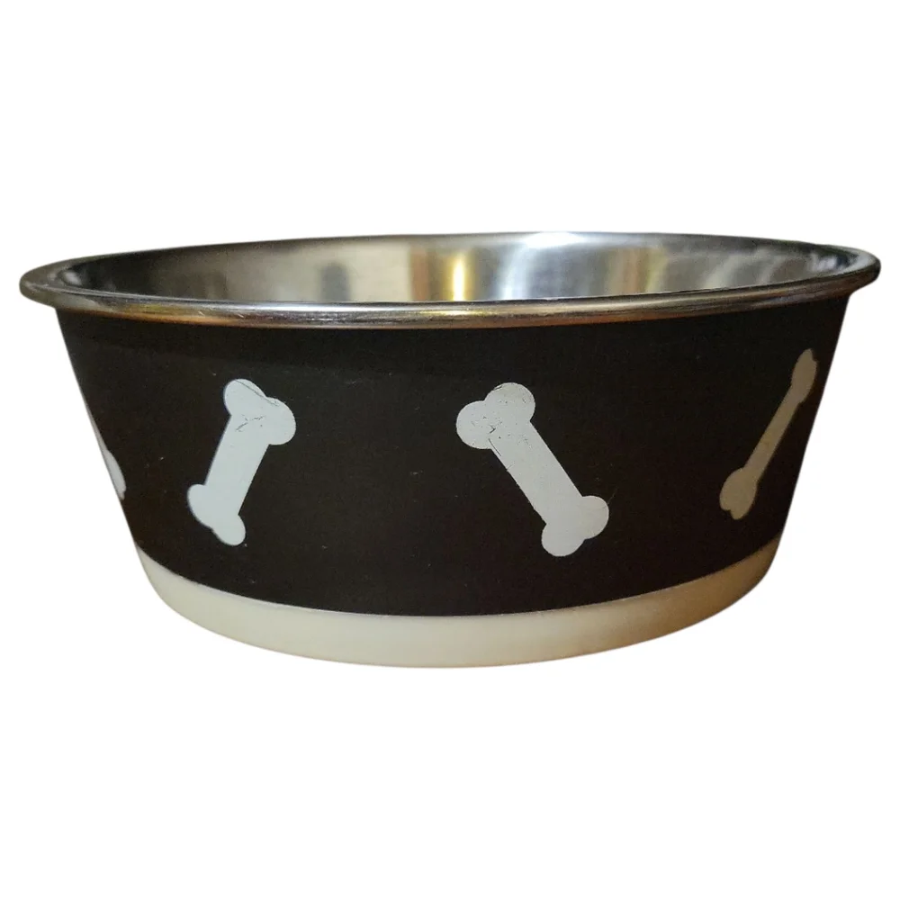 NWT Vibrant Life Dog Cat Pet Dish Bowl Black White Bones Stainless 48 fl oz